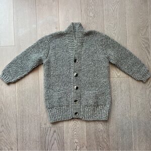 Hand-Knit Chunky Cable Knit Wool Long Cardigan in Gray Women’s Size XS/S
